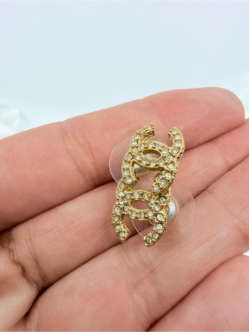 Chanel Small Crystal CC Logo Gold Stud Earrings - Picture 7 of 9